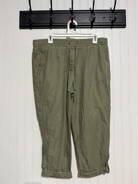 Talbots 14P Olive Green Tencel Blend Roll Up Capri Drawstring Pants